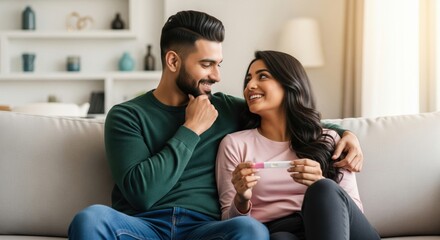 Joyful Couple Anticipating Baby with Positive Pregnancy Test