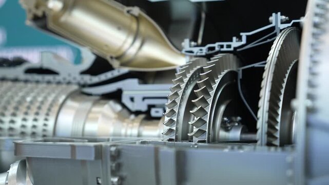 A cross-sectional model of an aircraft turbojet engine, presumably