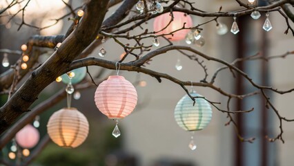 Whimsical Baby Shower Theme. Colorful lanterns hanging from tree branches create a whimsical outdoor ambiance.