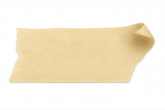 Beige masking tape strip with torn edge and curled end, adding texture and holding elements, transparent background