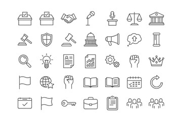 Politics and government outline icon set. Law, justice, and election symbols. Voting, court, and democracy icons. Includes gavel, capitol, ballot box, and protest fist.
