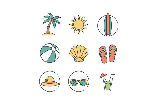 Set of summer beach stickers. Tropical vacation line art icons. Holiday travel graphic elements. Palm tree, sun, surfboard, beach ball, seashell, flip flops, hat, cocktail. - Powered by Adobe