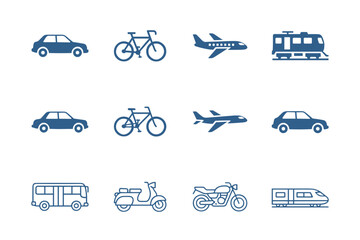 Transport icon set with car, bike, airplane, train, bus, scooter, motorcycle and camper trailer in flat and outline styles, travel and transportation symbols