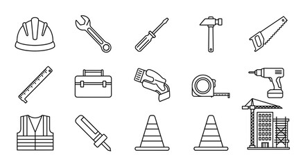 Obraz premium Construction line icon set. Building, repair and engineering tools. Industrial equipment symbols for architecture and DIY. Vector graphics for web, hammer, drill, helmet.