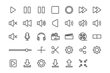 Video and audio line editable icon set, media player controls, sound volume mute unmute, microphone, headphones, film camera, movie clapper, sharing, settings gear, download and upload arrows