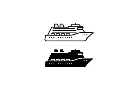 Cruise ship icon set, silhouette and outline style, passenger vessel vector, ferry transport symbol, sea travel graphic, maritime transportation design, ocean liner clipart