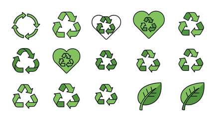 Recycle icon set. Green recycling vector symbols, arrows, hearts and leaves. Eco-friendly concept for environment, sustainability, conservation. Hand drawn illustration pack.
