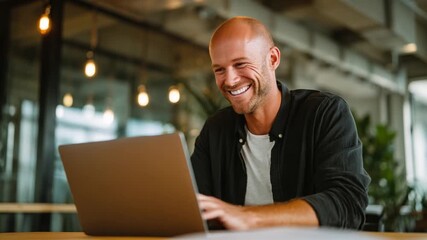 Enthusiastic Digital Interaction: A man radiates pure joy and deep engagement while using a laptop. A modern office desk creates an environment of creativity and productivity.