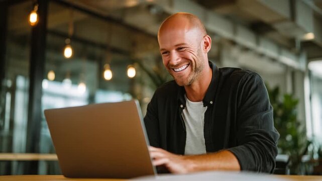 Enthusiastic Digital Interaction: A man radiates pure joy and deep engagement while using a laptop. A modern office desk creates an environment of creativity and productivity.