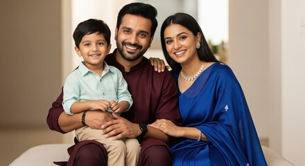 Happy Indian Family Smiling Together with Son Indoors