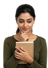 Indian college student holding books and smiling isolated on plain background