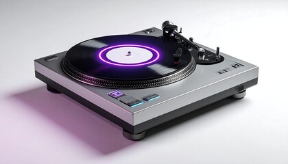 Sleek Silver Turntable with Vibrant Neon Purple Ring on Vinyl Record