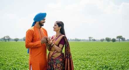 Traditional Indian couple's loving moment in green field