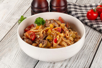 Asian udon noodles with beef