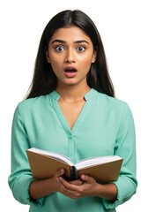 Indian college student holding books and smiling isolated on plain background