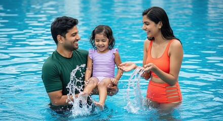 Happy Indian family enjoying refreshing swim and splashing water