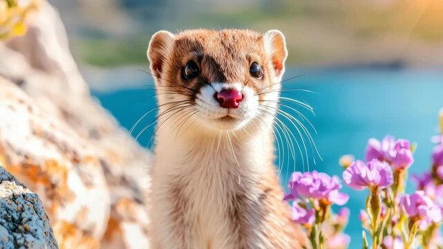 Curious weasel in wildflower meadow near water