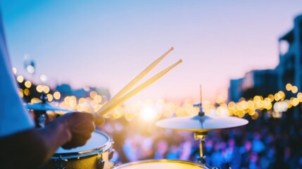 Drummer plays at sunset concert with city backdrop and festive lights