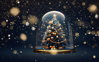 Enchanted snow globe with christmas tree, glass sphere showing illuminated xmas scene with snowflakes on festive dark blue backdrop