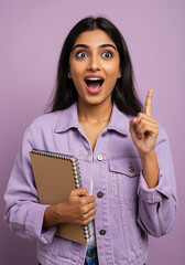 Indian college student holding books and smiling isolated on plain background