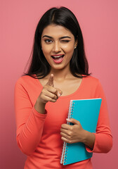 Indian college student holding books and smiling isolated on plain background
