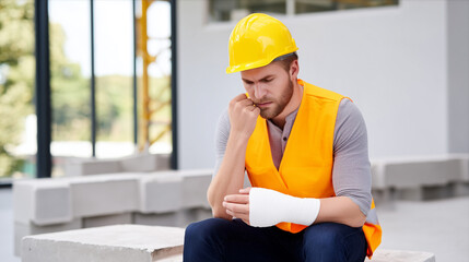Injured construction worker with bandaged arm sitting at building site in yellow hardhat and safety vest. Young male builder experiencing workplace accident pain, illustrating job injury, insurance.