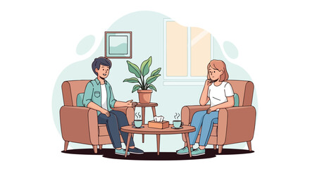 Therapeutic interaction depicted between patient and psychologist in counseling session set within a serene office atmosphere