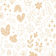 Cozy beige botanical doodle pattern on white with leaves hearts and small rainbow. Hand drawn and seamless, ideal for nursery decor wallpaper fabric wrapping paper stationery and modern branding