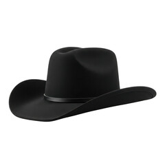 Classic black cowboy hat western style headwear for men and women fashion accessory. A black cowboy hat with a simple band isolated on transparent background is displayed in a studio setting