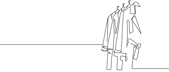 Clothes in the closet, continuous hand drawn doodle line art vector, editable strokes.