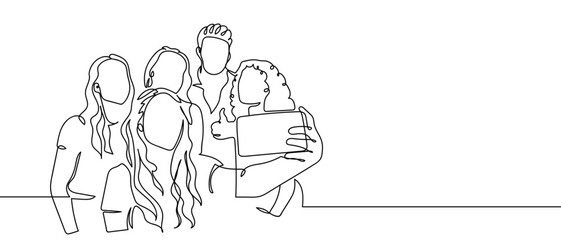 Group of people taking selfies, continuous hand drawn doodle line art vector illustration, editable strokes. © Proongnee