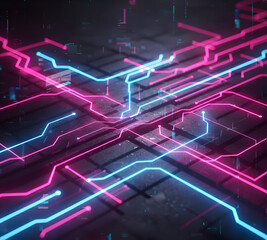 Obraz premium Cyberpunk Network with Glowing Pink and Blue Light Lines – Futuristic Digital Background