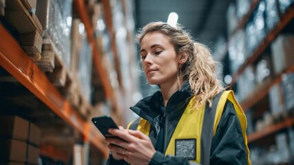 Warehouse Manager at Work: A focused worker in a bustling warehouse, meticulously using a mobile phone to manage inventory amidst towering shelves filled with goods. - Powered by Adobe