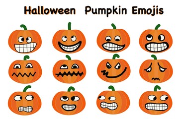 A collection of cute and funny Halloween pumpkin emojis with various facial expressions, perfect for seasonal designs, decorations, and creative digital projects during the Halloween celebration.