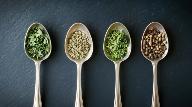 Silver spoons displaying different spices and herbs on a dark slate background
