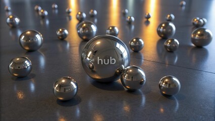 Shiny metallic spheres with hub text on surface
