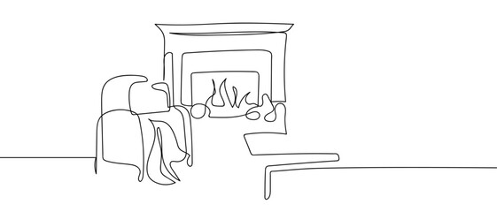 Fototapeta premium Sofa chair in front of fireplace, continuous hand drawn doodle line art vector, editable stroke.