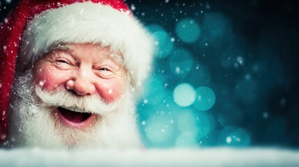Santa Claus smiling warmly with snowflakes and a festive background