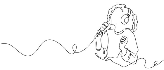 Woman singing continuous hand drawn doodle line art vector illustration. Editable stroke.