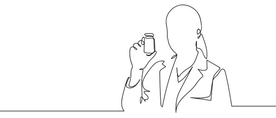 Doctor holding a bottle of medicine in his hand. Continuous hand drawn doodle line art vector. Editable stroke. © Proongnee