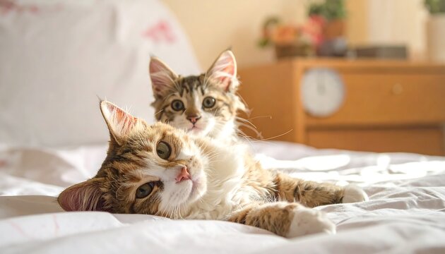 Two kittens on a bed