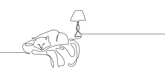 Cat sleeping and lamp. Continuous hand drawn doodle line art vector. Editable stroke.