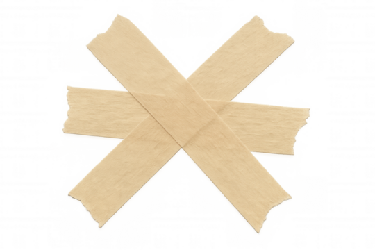 Masking tape strips forming an x shape, creating a forbidden or blocking symbol with torn edges on transparent background