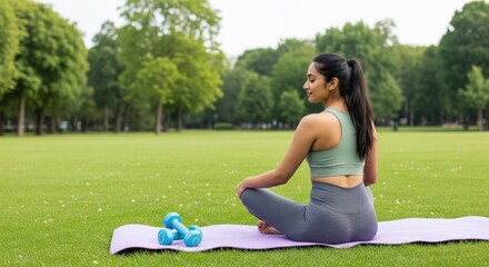 Calm woman in sportswear meditating with dumbbells in green park