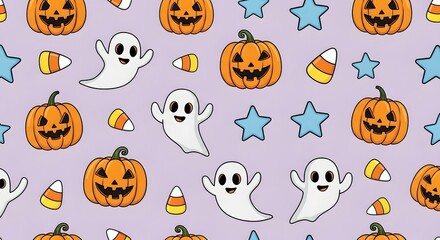 Cartoon Halloween Ghost and Pumpkin Seamless Vector Pattern with Candy Corn and Blue Stars