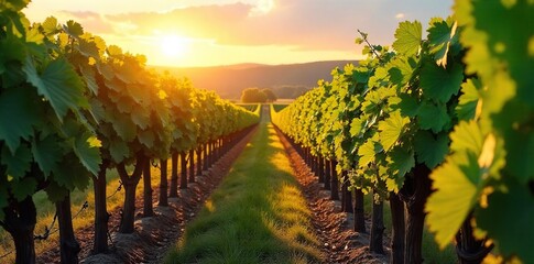 Fototapeta premium Golden Hour Vineyard Sunlit Grapevines Stretching to the Horizon, Lush Green Leaves and Ripe Grapes Ready for Harvest. A Picturesque Autumn Landscape.