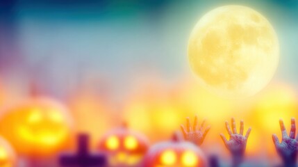 Halloween night with glowing pumpkins and reaching hands under full moon