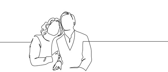 Couple leaning shoulder to shoulder, continuous hand drawn doodle line art vector, editable strokes.