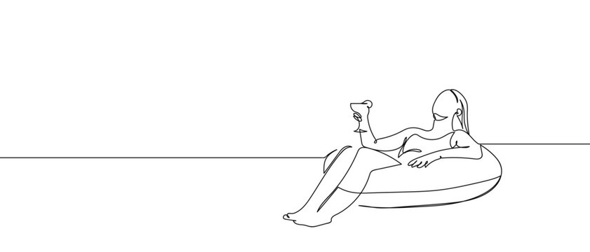 Woman sitting in a rubber ring floating in a pool. Continuous hand drawn doodle line art vector illustration. Editable stroke.