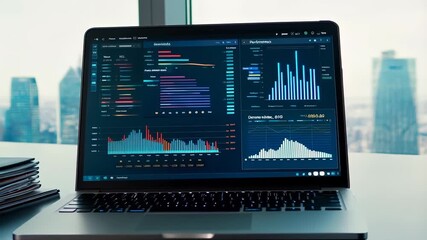 Futuristic technology animation flows across laptop screen. Digital interface glows with cyber pattern. Visualization of cyber movement creates immersive high-tech analytics for data networks - Powered by Adobe